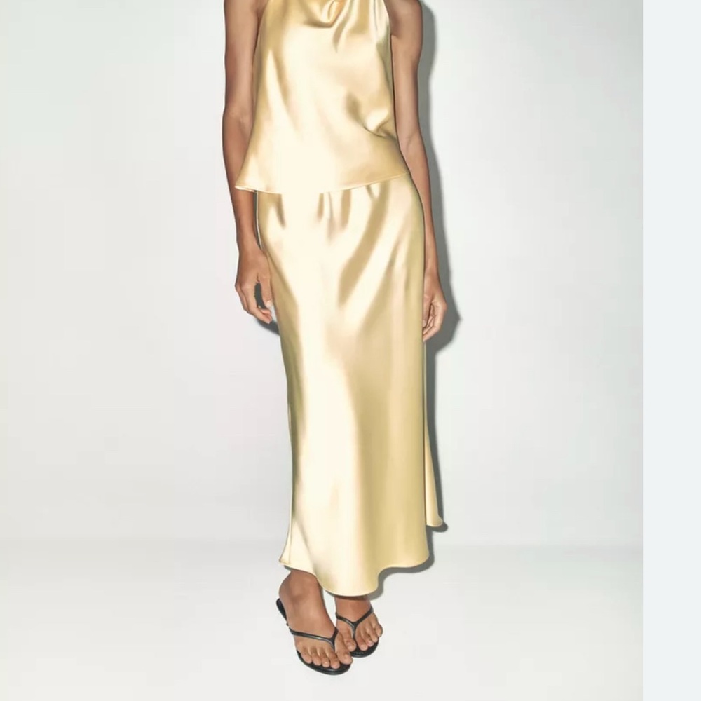 Zara yellow satin midi skirt